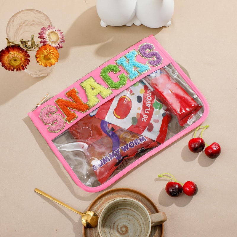 DYSHAYEN Chenille Letter Clear Snack Bag for Travel Nylon Clear Cosmetic Bag Makeup Travel Bag for Women (Pink-Snacks) - Image 2
